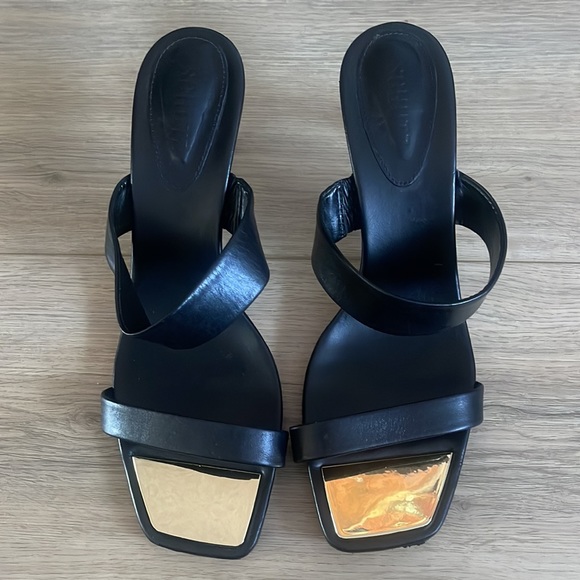 Schutz Aruana Black Heels Leather Sandal Size 10 Gold Accent EUC - Picture 5 of 10